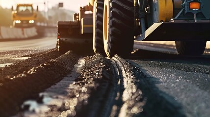 Asphalt being laid on a new road, close-up, detailed machinery and smooth surface 
