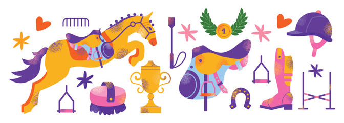 Equestrian sport gear accessories, stuff equipment for horse riding, Jockey rider clothing isolated set. Uniform, horseshoes, saddle, animal harness supply