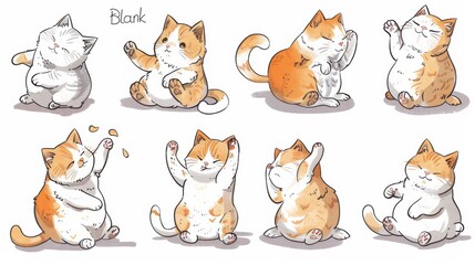Sprite Sheet of Discord Stickers, colored pen and ink line-art, Transparent "Blank" Background, Cute Kittens sitting back on their haunches waving front paws in air with big round bellies.