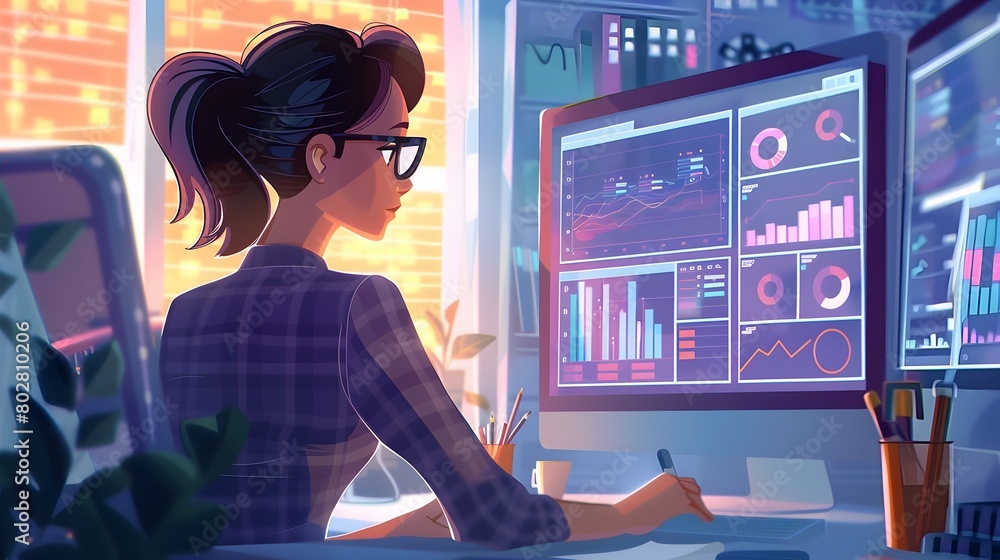 Poster female corporate executive reviewing financial metrics and key performance indicators on desktop com