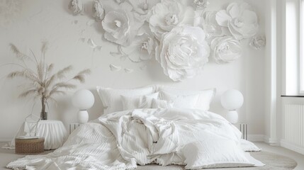 wallpaper, design of a beautiful modern white romantic bedroom, the bed in the middle, delicate minimalistic peony flowers painted on the wall. - obrazy, fototapety, plakaty