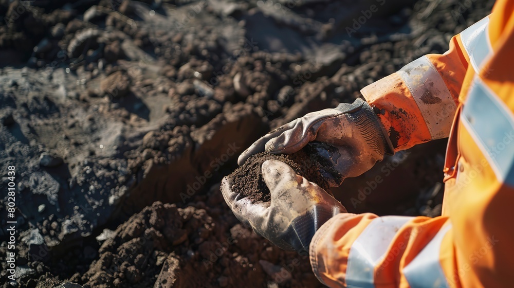 Poster close-up of a geotechnical engineer examining soil samples, detailed textures and colors