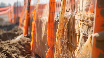 Close-up of a silt fence at a construction site, detailed fabric texture, clear environmental protection 