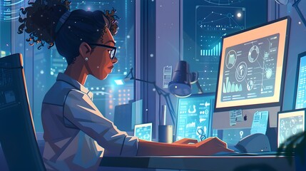 Female Professional Strategically Planning and Monitoring Corporate Progress Through Digital Displays in Office Environment