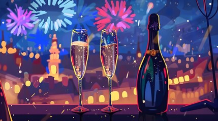 Obraz premium Festive New Year s Eve City Skyline with Fireworks and Champagne Toast