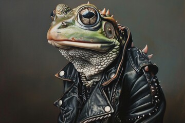 A painting of a frog wearing a leather jacket. Suitable for fashion or animal themed designs