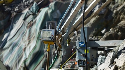 Slope stability test equipment in action, close-up, detailed sensors and readings 