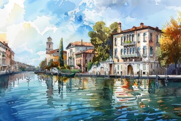 Fototapeta premium A serene watercolor painting of a river with buildings and a clock tower. Suitable for travel brochures or cityscape illustrations