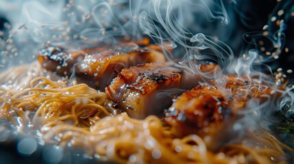 Artistic close-up of a serving of pork belly ramen, featuring perfectly cooked pork belly atop steaming noodles and broth