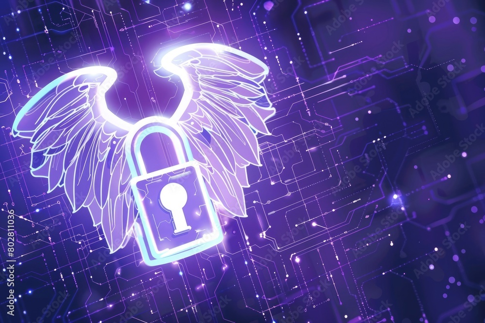 Poster a unique padlock with wings placed on a circuit. ideal for cybersecurity concepts