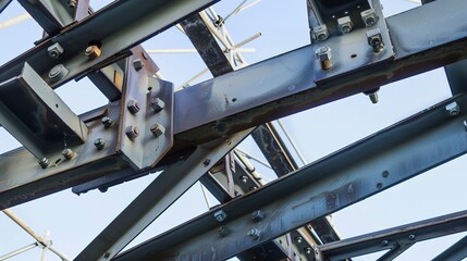 Steel trusses being erected, close-up, sharp focus on bolts and connections - obrazy, fototapety, plakaty