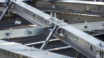 Steel trusses being erected, close-up, sharp focus on bolts and connections 