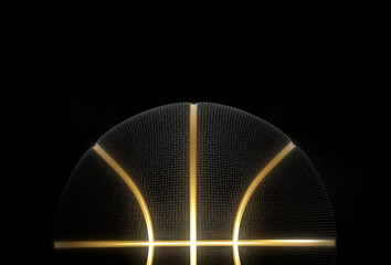 Black basketball closeup with golden lines high quality on black background