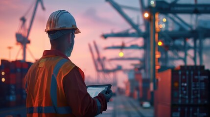 An inspiring stock photo of an engineer holding a digital tablet and supervising a dock worker in the foreground, with blurred stacks of containers and cranes in the background.