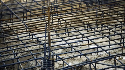 Concrete being poured for a high-rise foundation, close-up, detailed flow and reinforcement bars 