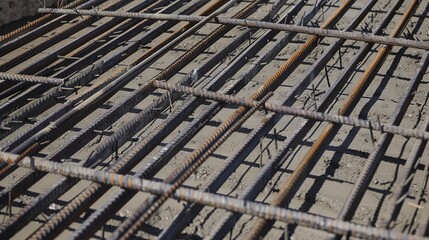 Concrete being poured for a high-rise foundation, close-up, detailed flow and reinforcement bars 