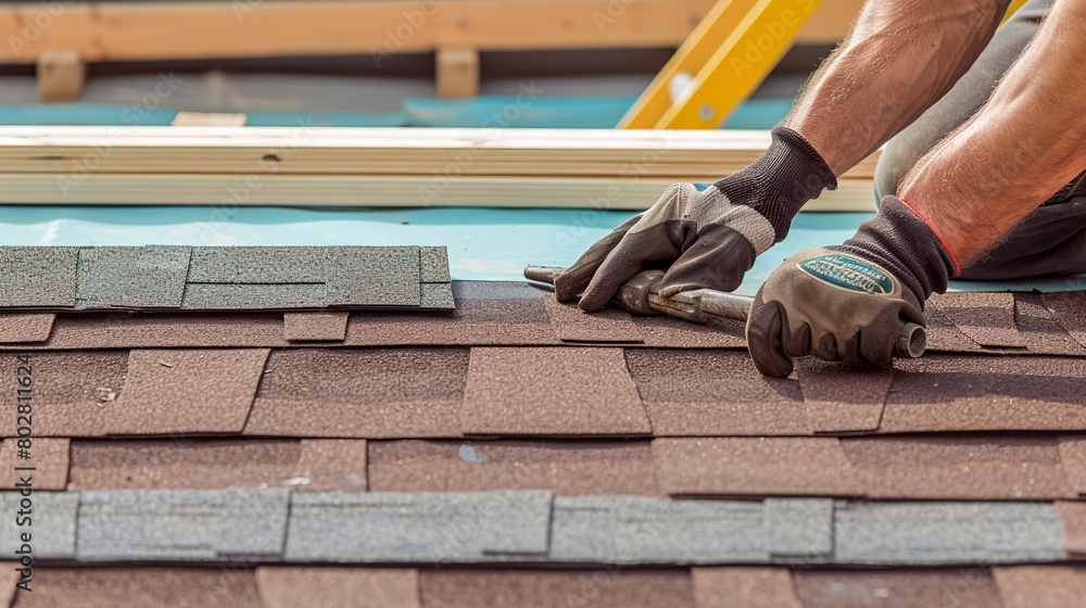 Sticker Roofing contractor applying shingles, close-up, detailed texture and alignment of materials -