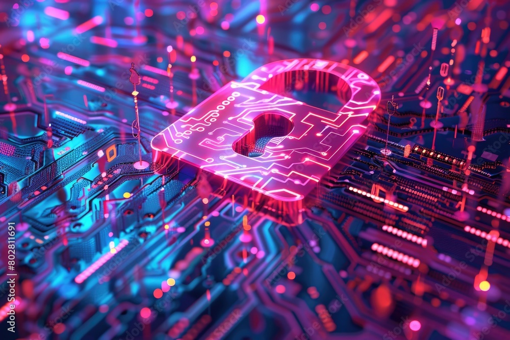 Poster a circuit board with a padlock on top, perfect for technology security concepts