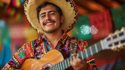 Young man in traditional Mexican embroidered guayabera and sombrero playing the guitar. AI Generated