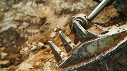 Heavy-duty construction excavator bucket, close-up, detailed teeth and dirt 
