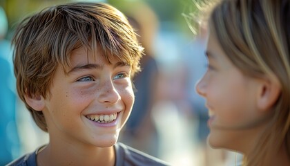 Smiling deaf boy learning sign language