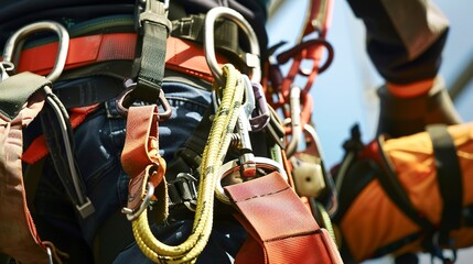 Safety harness and carabiners on a construction worker, close-up, detailed safety equipment 