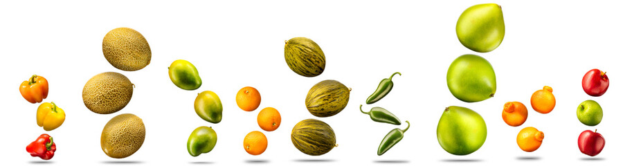 Group of fruits isolated on white background like mango. apple and orange