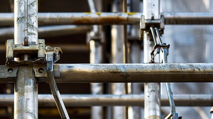 Scaffolding clamps and poles, close-up, detailed connections, clear metallic textures 