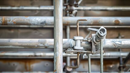 Scaffolding clamps and poles, close-up, detailed connections, clear metallic textures