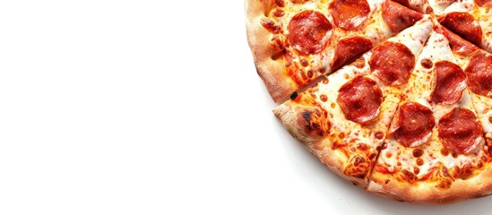 Tasty pizza set against a white background with empty space for text.