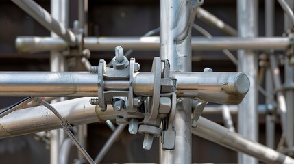Scaffolding clamps and poles, close-up, detailed connections, clear metallic textures 