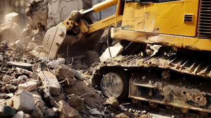 Bulldozer pushing debris at a demolition site, close-up, detailed tread and rubble interaction 
