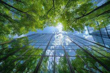 Modern eco glass office with tree for sustainable urban design and reduced carbon footprint
