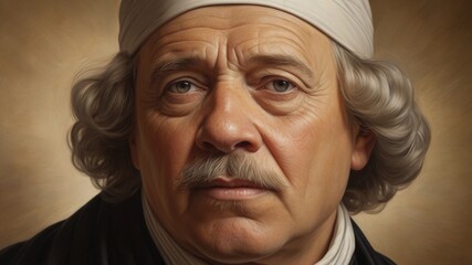 A classic portrait of a historical figure in oil painting style with meticulous detail and shading.