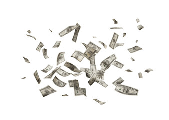 A scattered array of dollar bills caught in mid-air, creating a dynamic explosion of currency. Generative AI