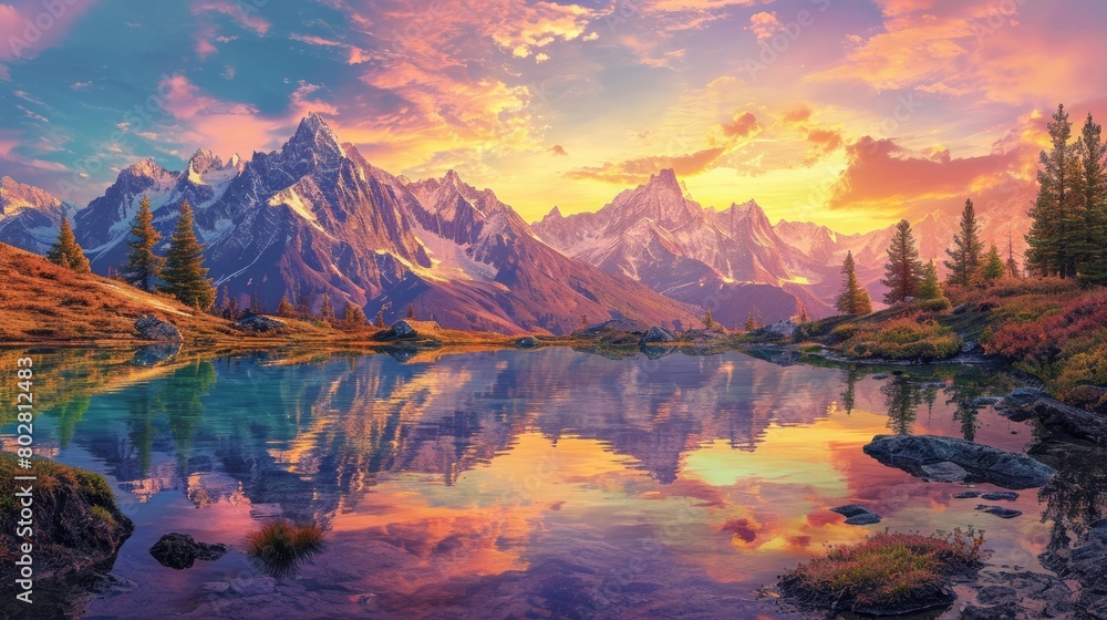 Wall mural A majestic mountain landscape at sunset, snow-capped peaks, a crystal-clear lake reflecting the vibrant sky, serene nature. Resplendent.