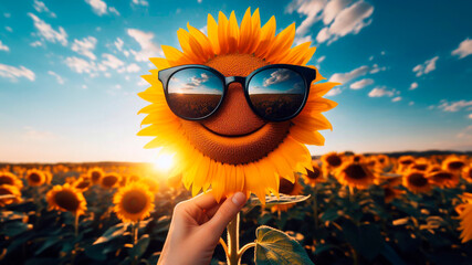 Close-up sunflower wearing black sunglasses with blue sky background. Summer background