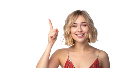 Cheerful Young Woman Pointing Upwards on Transparent Background