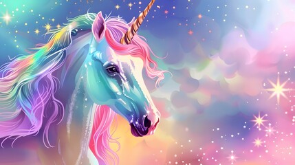 Magical Unicorn in Celestial Dreamscape with Sparkling Rainbow Mane and Glittering Stars