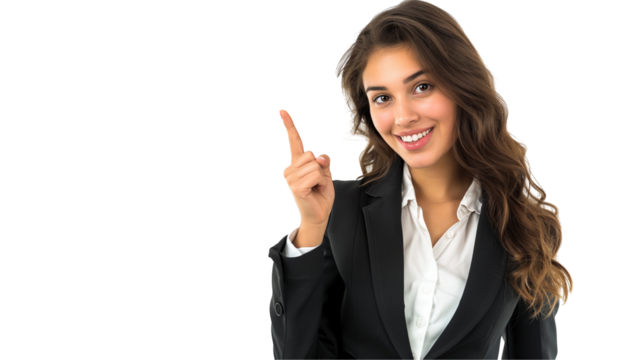 Confident Businesswoman Pointing Upward on Transparent Background
