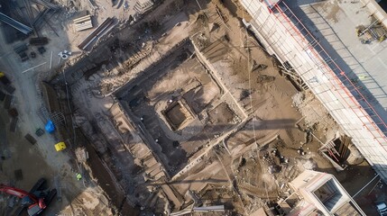 Drone view of a large building foundation being laid, close-up, detailed excavation and forms 