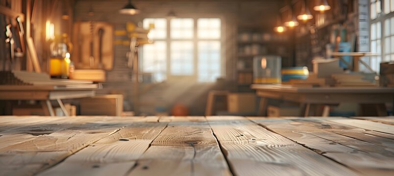 Wooden work table and blurred background with carpentry workshop.