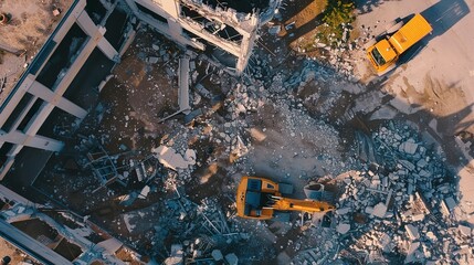 Aerial view of a demolition site, close-up on the main building being dismantled, detailed debris