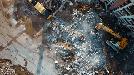 Aerial view of a demolition site, close-up on the main building being dismantled, detailed debris 