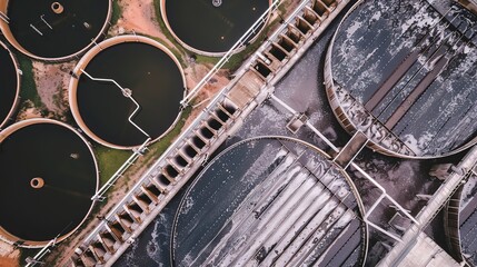 Drone view focusing on a water treatment plant expansion, close-up, detailed tanks and pipes 