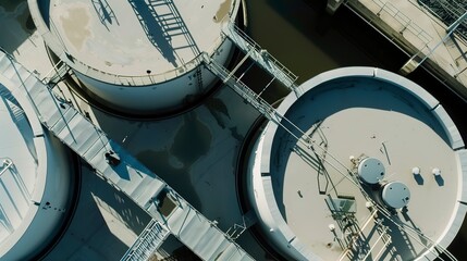 Drone view focusing on a water treatment plant expansion, close-up, detailed tanks and pipes 