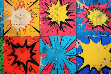 A series of colorful, exaggerated pop art sound effects