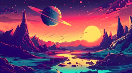 Retro Sci Fi Inspired Alien Landscape with Flying Saucers and Vibrant Skies