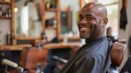 Confident man in a barbershop chair, smiling as he discusses his new haircut. 