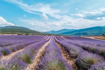 Obraz premium Explore the serene beauty of a field of lavender in Provence, France, where rows of fragrant purple blooms create a stunning backdrop against, Generative AI